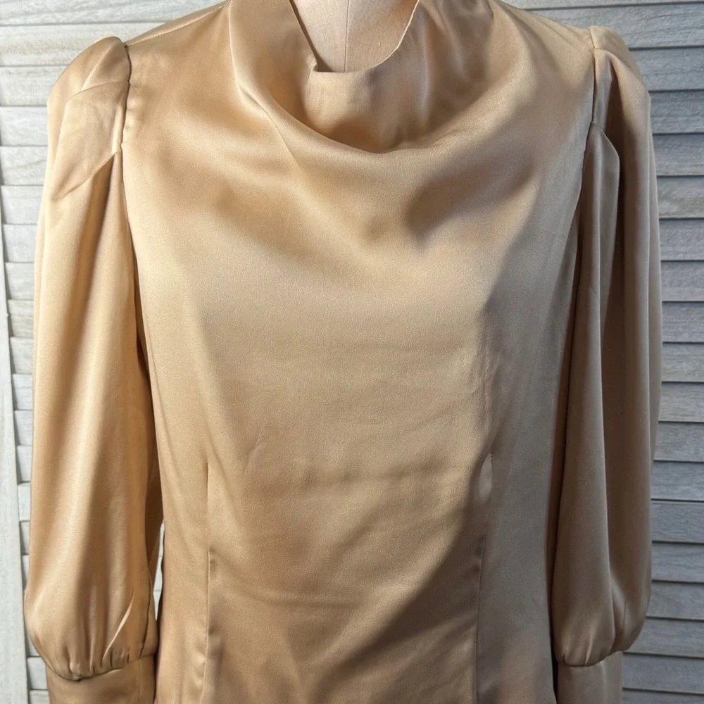 Astr Gold Satin Blouse Size Large Elegant Cowl Neck Puff Sleeve Top Luxe